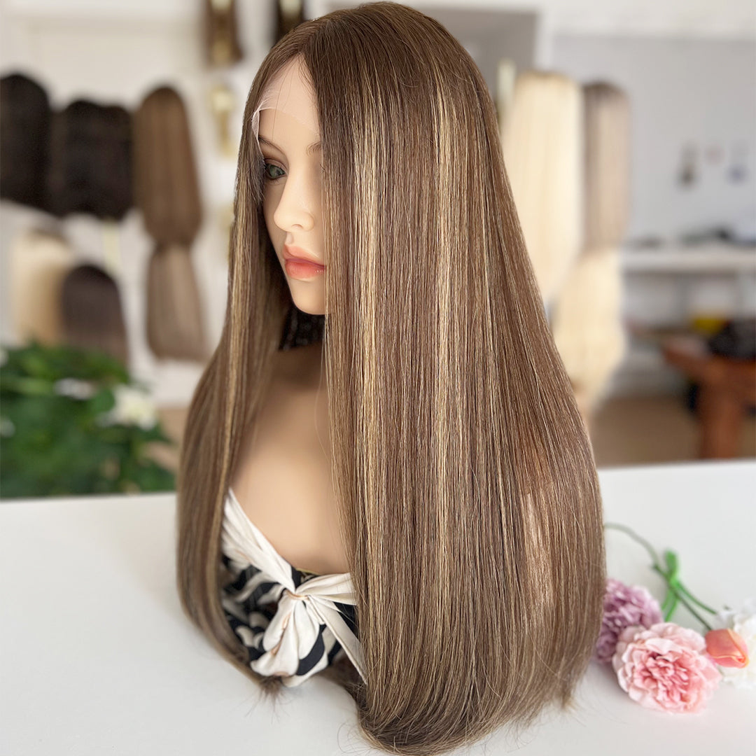 In Stock Top Lace Wig | Brown Blended with Blonde Highlights | 100% Russian Hair