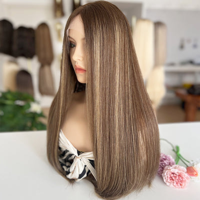 In Stock Top Lace Wig | Brown Blended with Blonde Highlights | 100% Russian Hair
