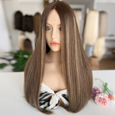 In Stock Top Lace Wig | Brown Blended with Blonde Highlights | 100% Russian Hair