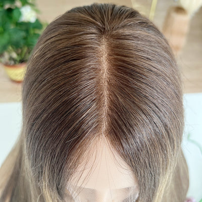 In Stock Top Lace Wig | Brown Blended with Blonde Highlights | 100% Russian Hair