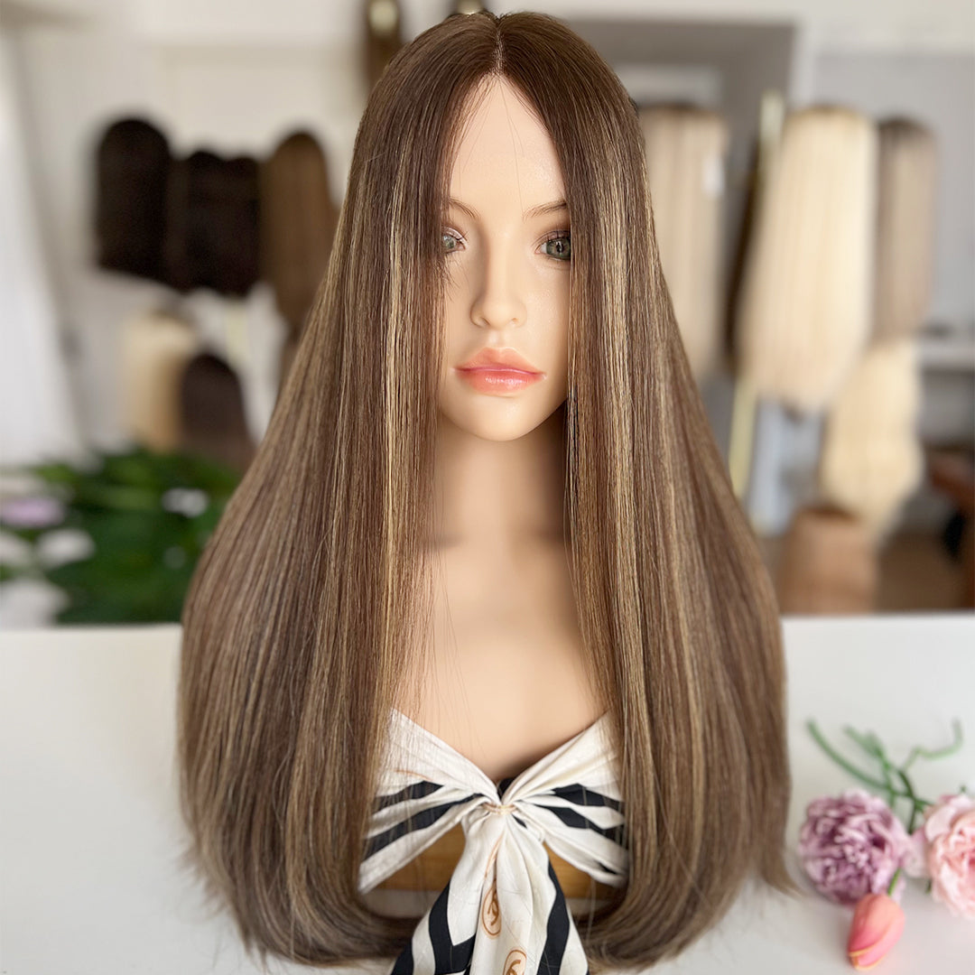 In Stock Top Lace Wig | Brown Blended with Blonde Highlights | 100% Russian Hair
