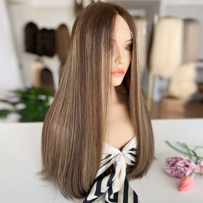 In Stock Top Lace Wig | Brown Blended with Blonde Highlights | 100% Russian Hair