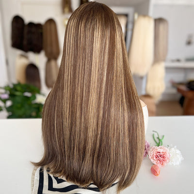 In Stock Top Lace Wig | Brown Blended with Blonde Highlights | 100% Russian Hair