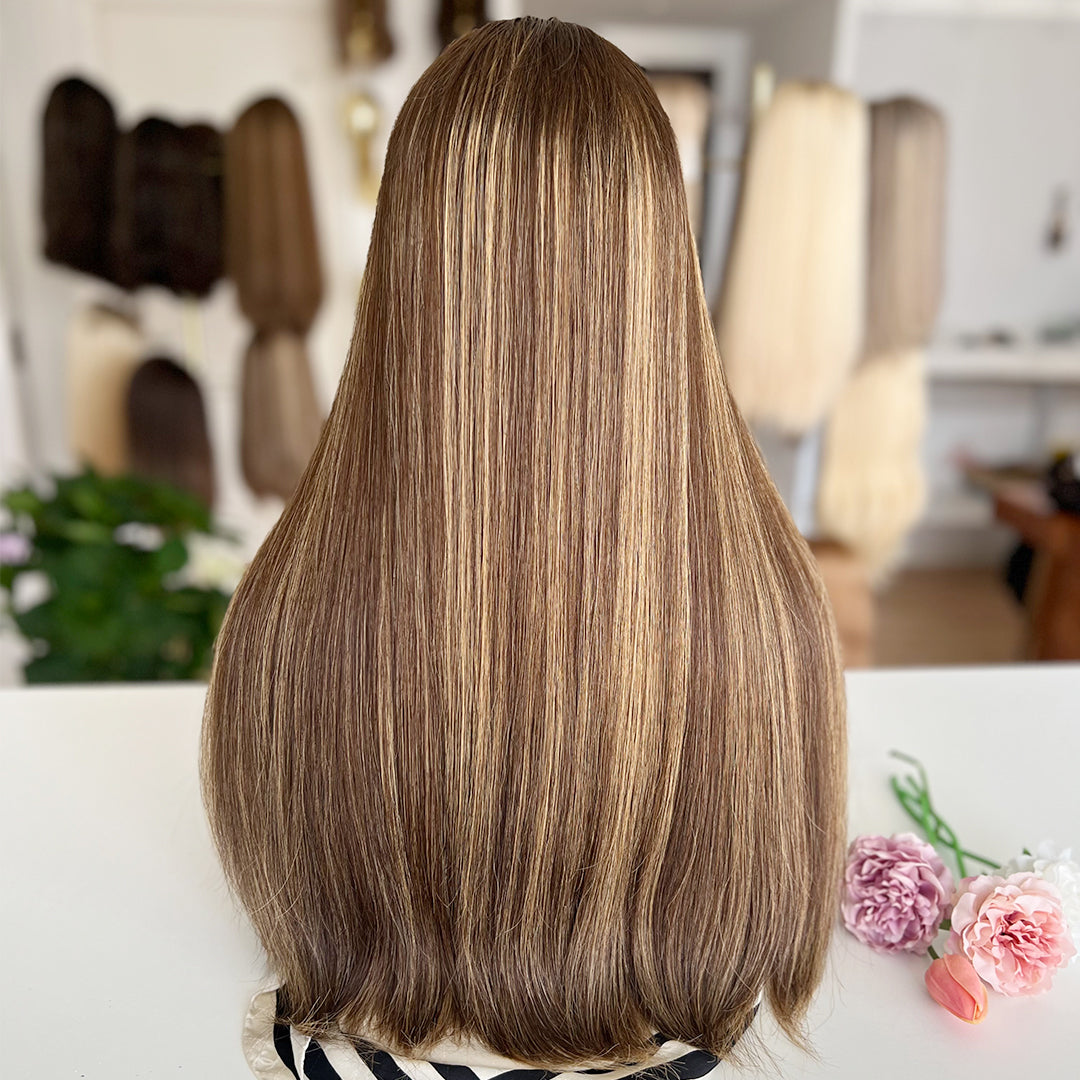 In Stock Top Lace Wig | Brown Blended with Blonde Highlights | 100% Russian Hair
