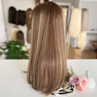 In Stock Top Lace Wig | Brown Blended with Blonde Highlights | 100% Russian Hair
