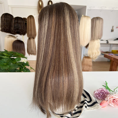 In Stock Top Lace Wig – Dark Brown with Blonde Highlights-100% Russian Human Hair