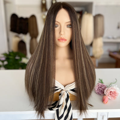 In Stock Top Lace Wig – Dark Brown with Blonde Highlights-100% Russian Human Hair