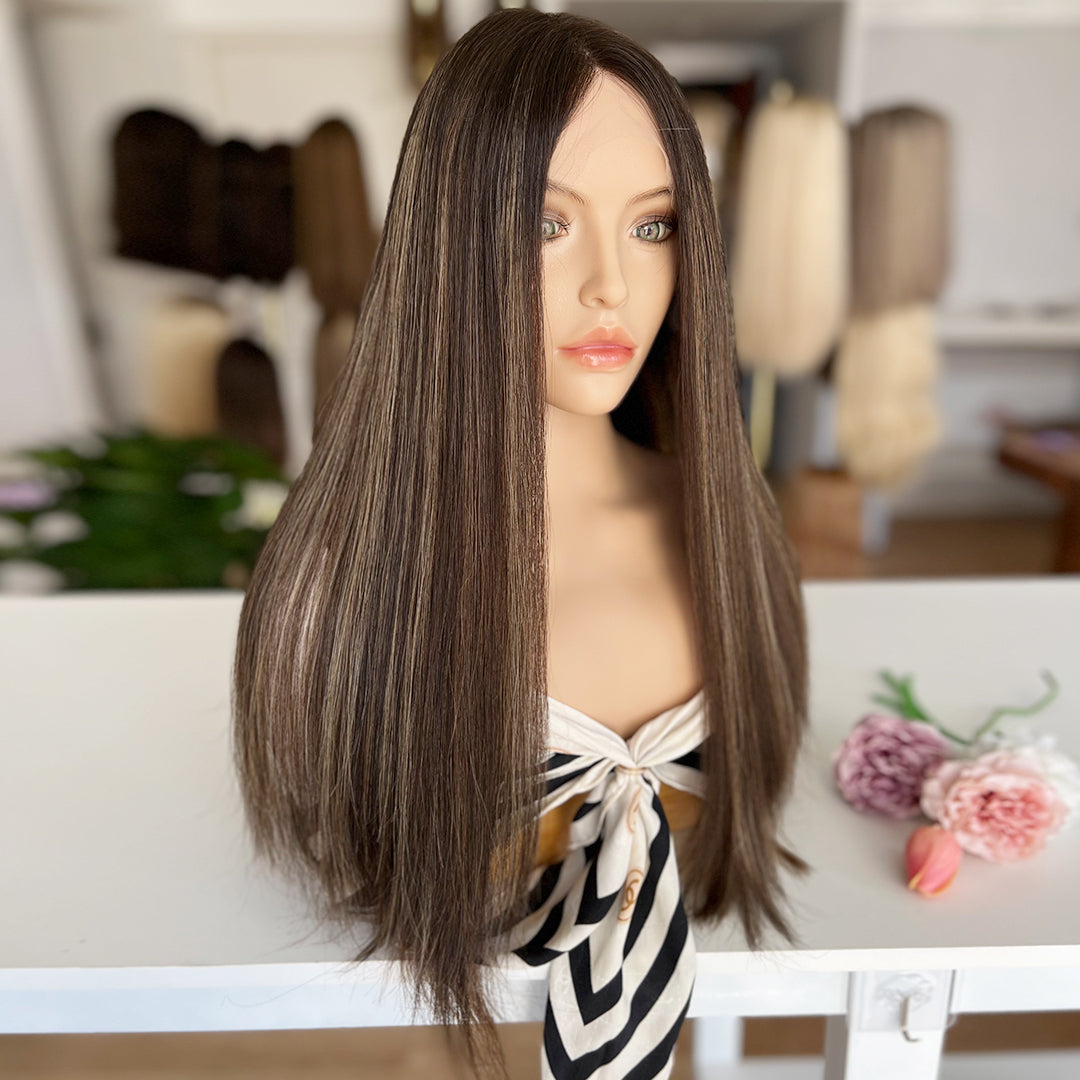 In Stock Top Lace Wig – Dark Brown with Blonde Highlights-100% Russian Human Hair