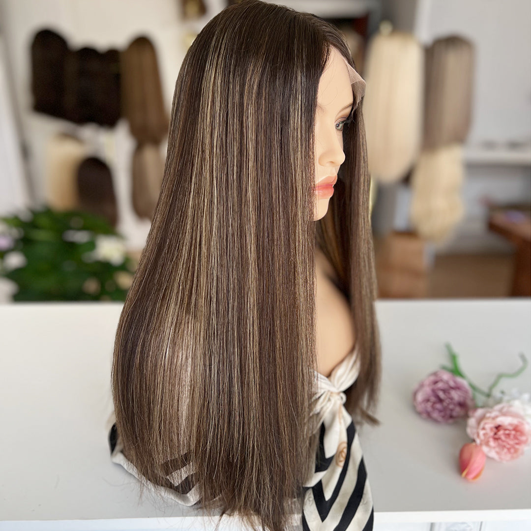 In Stock Top Lace Wig – Dark Brown with Blonde Highlights-100% Russian Human Hair