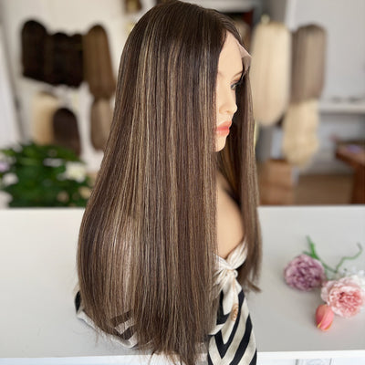 In Stock Top Lace Wig – Dark Brown with Blonde Highlights-100% Russian Human Hair