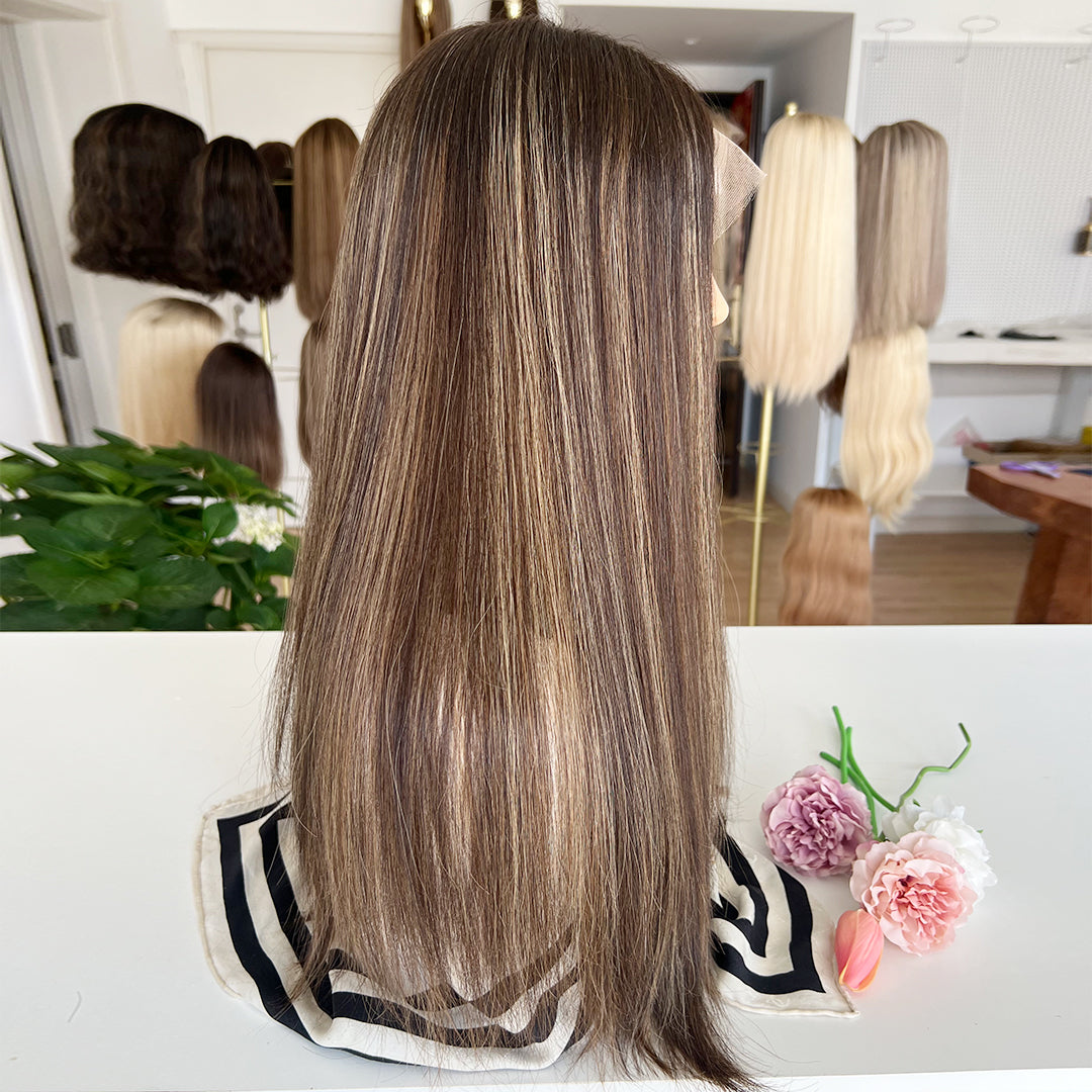 In Stock Top Lace Wig – Dark Brown with Blonde Highlights-100% Russian Human Hair