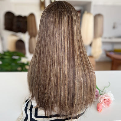 In Stock Top Lace Wig – Dark Brown with Blonde Highlights-100% Russian Human Hair