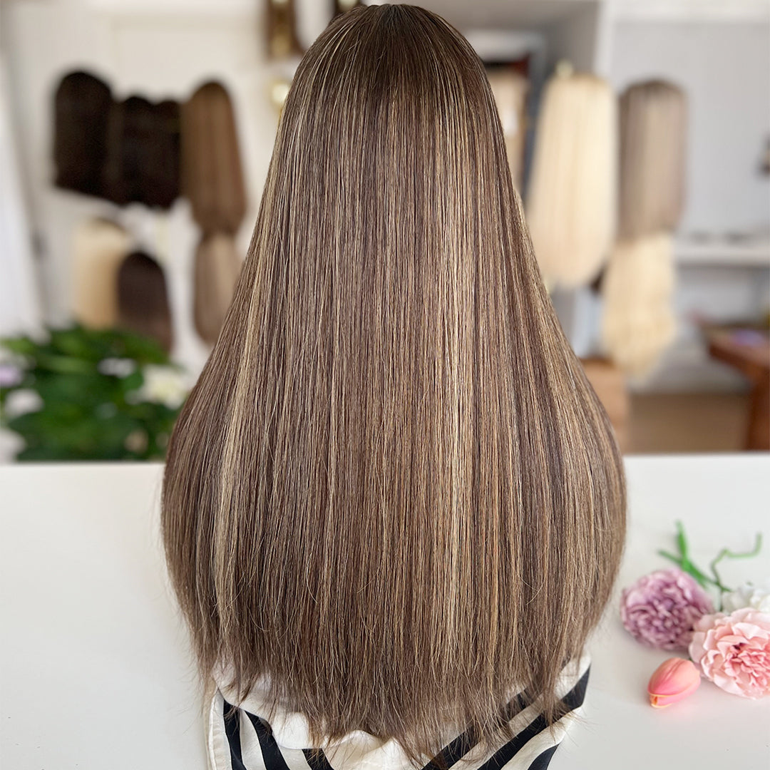 In Stock Top Lace Wig – Dark Brown with Blonde Highlights-100% Russian Human Hair