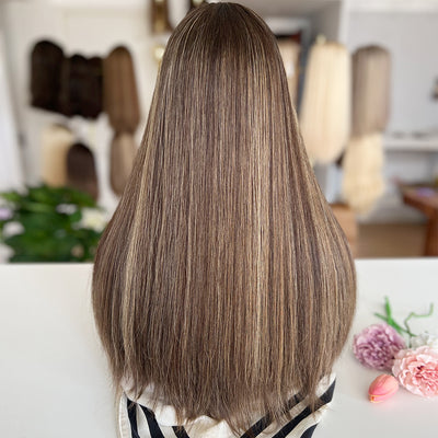 In Stock Top Lace Wig – Dark Brown with Blonde Highlights-100% Russian Human Hair