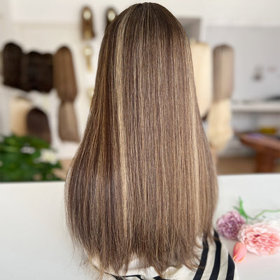 In Stock Top Lace Wig – Dark Brown with Blonde Highlights-100% Russian Human Hair