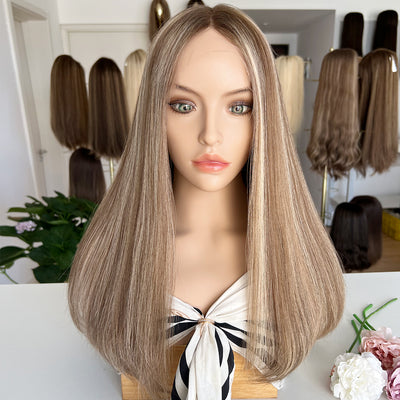 In Stock Top Lace Wig – Medium Brown with Blonde Highlights #CAFE- Russian Human Hair