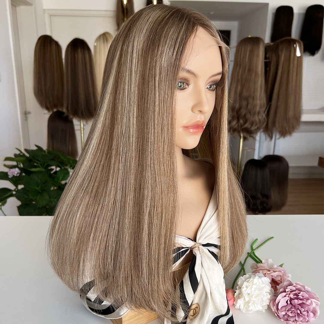 In Stock Top Lace Wig – Medium Brown with Blonde Highlights #CAFE- Russian Human Hair