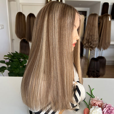 In Stock Top Lace Wig – Medium Brown with Blonde Highlights #CAFE- Russian Human Hair