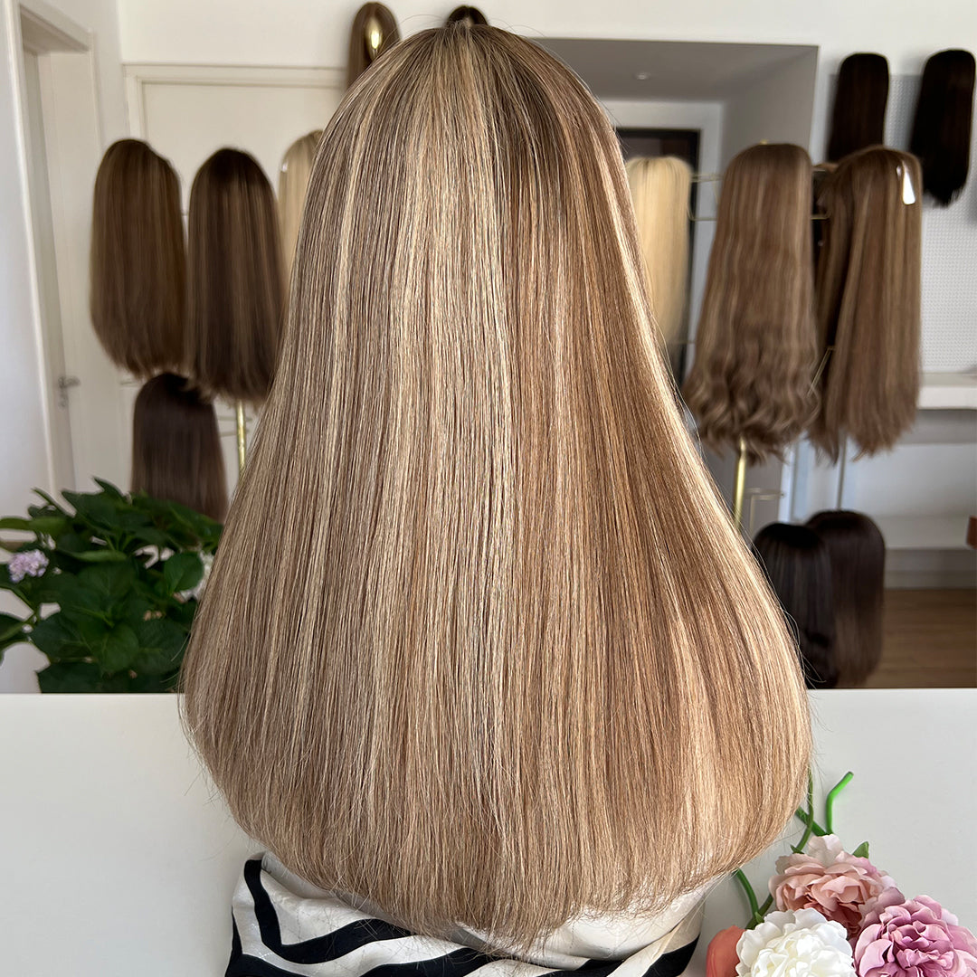 In Stock Top Lace Wig – Medium Brown with Blonde Highlights #CAFE- Russian Human Hair