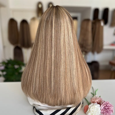 In Stock Top Lace Wig – Medium Brown with Blonde Highlights #CAFE- Russian Human Hair