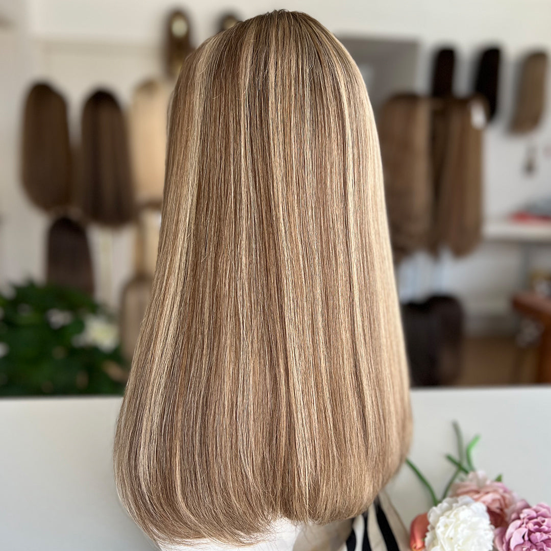In Stock Top Lace Wig – Medium Brown with Blonde Highlights #CAFE- Russian Human Hair