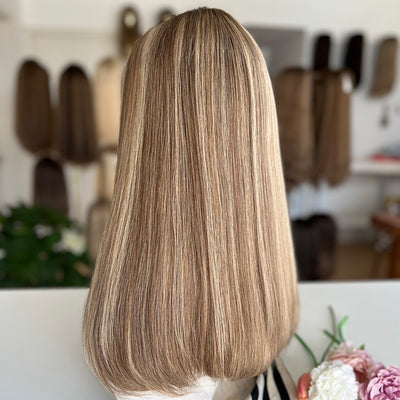 In Stock Top Lace Wig – Medium Brown with Blonde Highlights #CAFE- Russian Human Hair