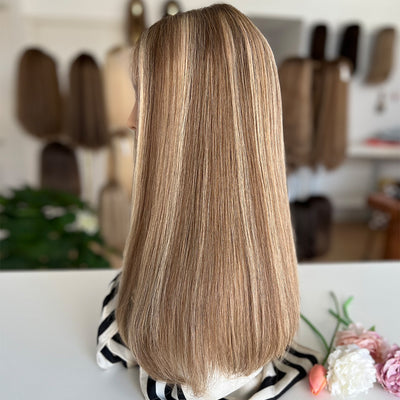 In Stock Top Lace Wig – Medium Brown with Blonde Highlights #CAFE- Russian Human Hair