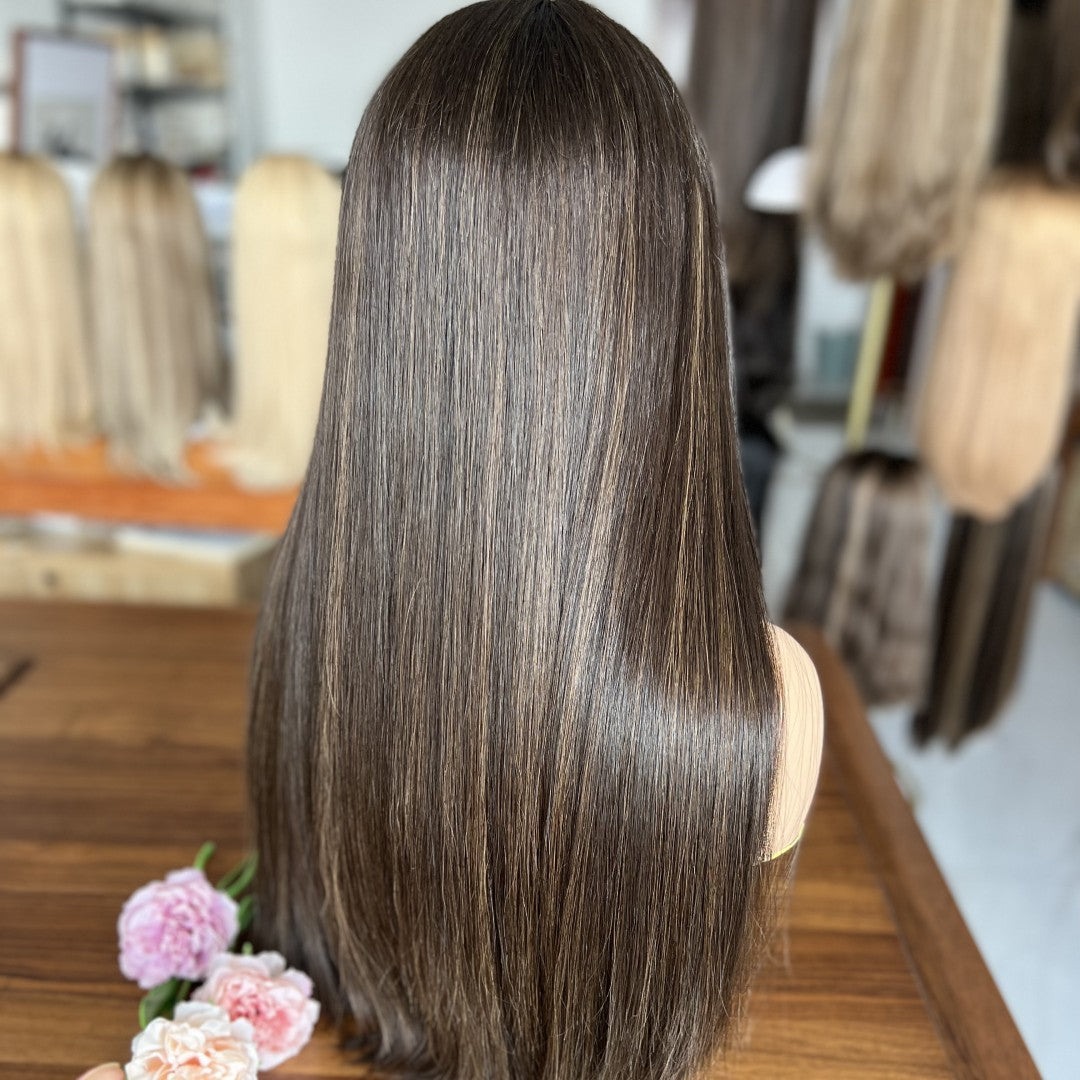 Top lace Wig In Dark Brown with Low Highlights (#8/2)