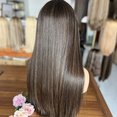 Top lace Wig In Dark Brown with Low Highlights (#8/2)