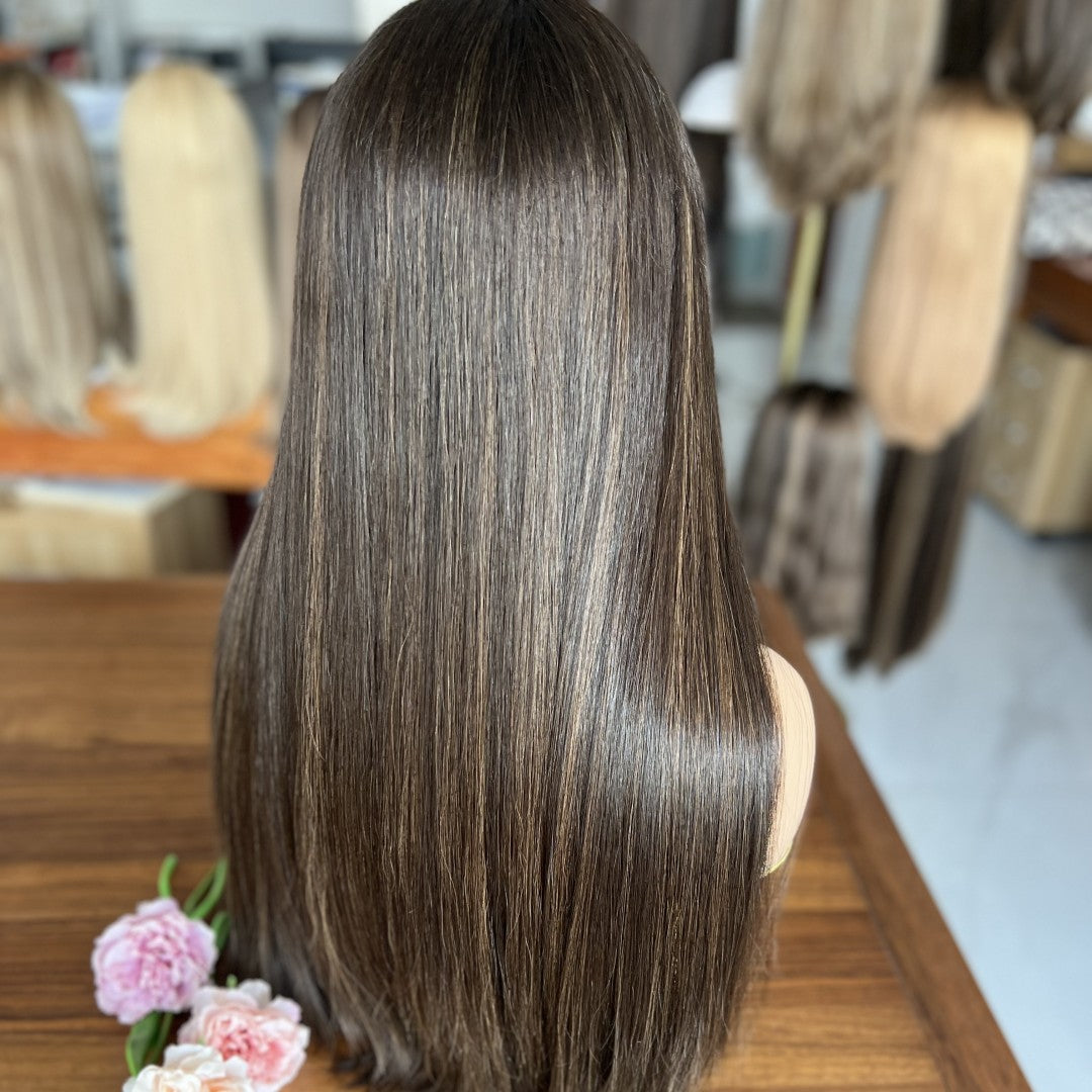 Top lace Wig In Dark Brown with Low Highlights (#8/2)