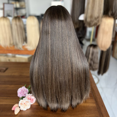 Top lace Wig In Dark Brown with Low Highlights (#8/2)