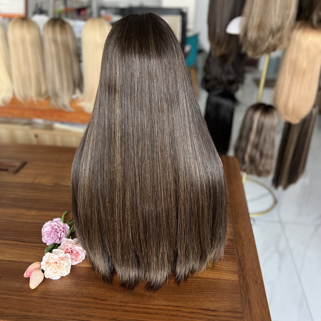 Top lace Wig In Dark Brown with Low Highlights (#8/2)