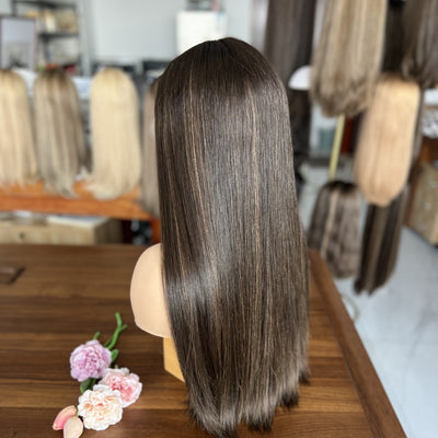 Top lace Wig In Dark Brown with Low Highlights (#8/2)