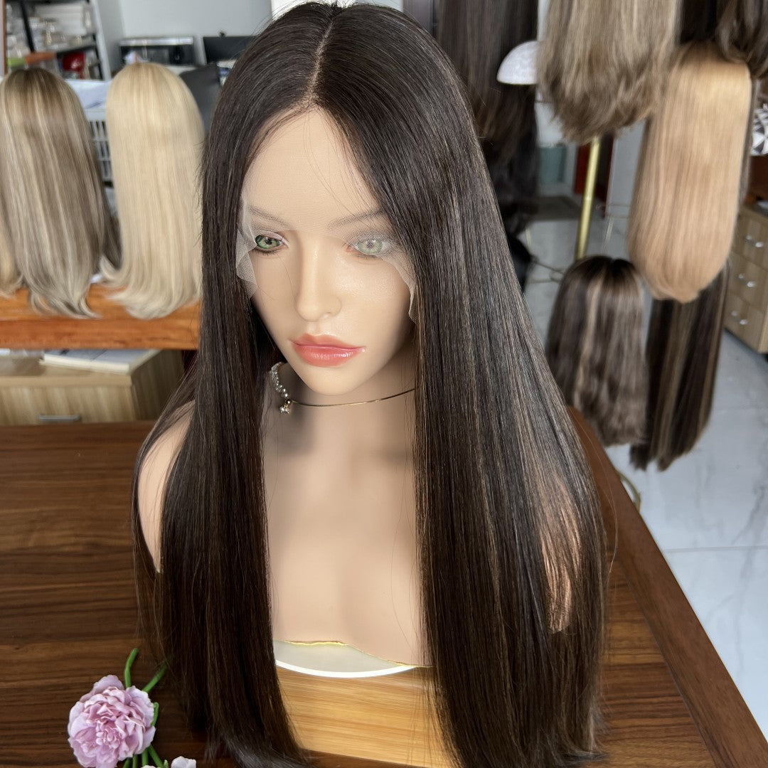 Top lace Wig In Dark Brown with Low Highlights (#8/2)