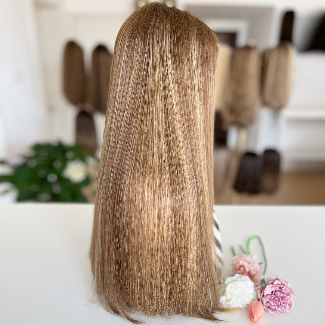 Russian Hair Top Lace Wig – Light Brown with Blonde Highlights- In Stock