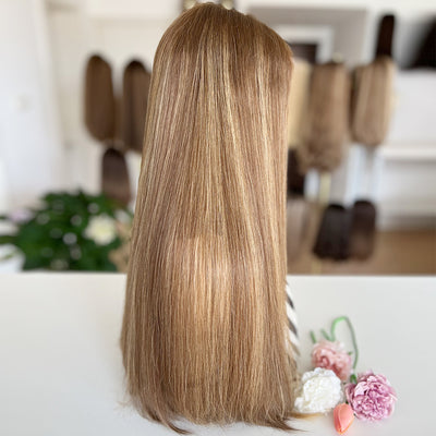 Russian Hair Top Lace Wig – Light Brown with Blonde Highlights- In Stock
