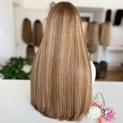 Russian Hair Top Lace Wig – Light Brown with Blonde Highlights- In Stock