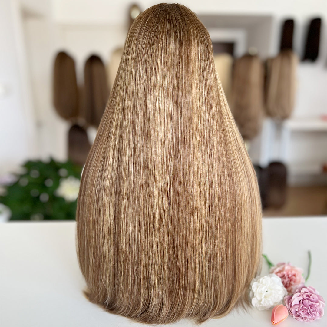 Russian Hair Top Lace Wig – Light Brown with Blonde Highlights- In Stock