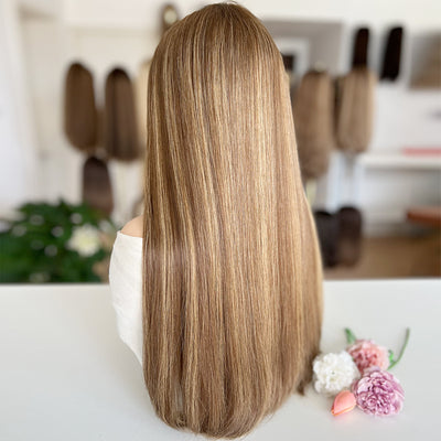 Russian Hair Top Lace Wig – Light Brown with Blonde Highlights- In Stock