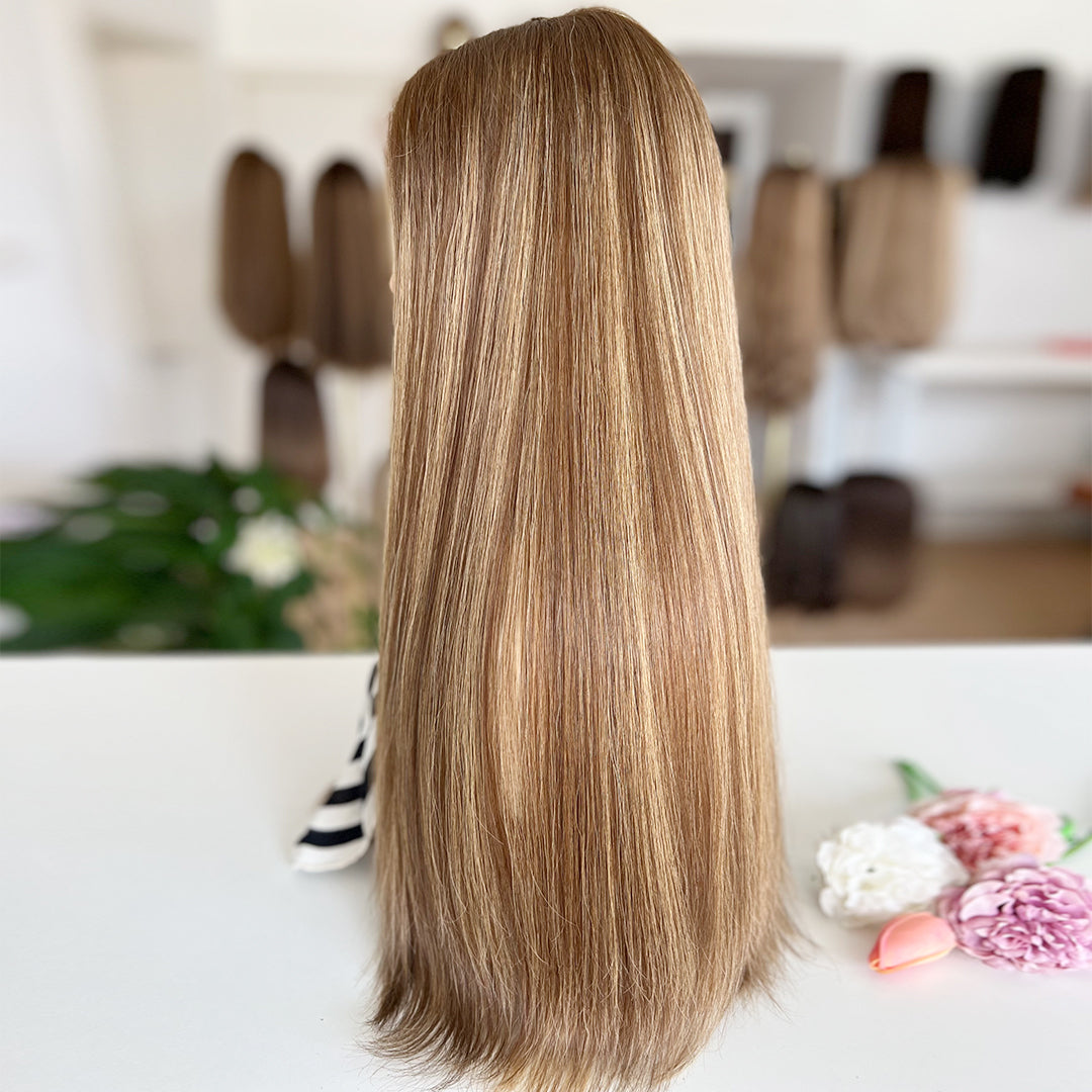 Russian Hair Top Lace Wig – Light Brown with Blonde Highlights- In Stock