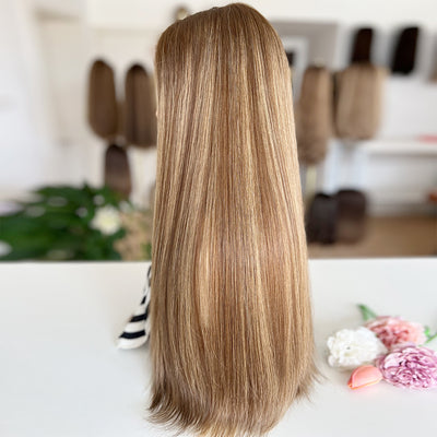 Russian Hair Top Lace Wig – Light Brown with Blonde Highlights- In Stock